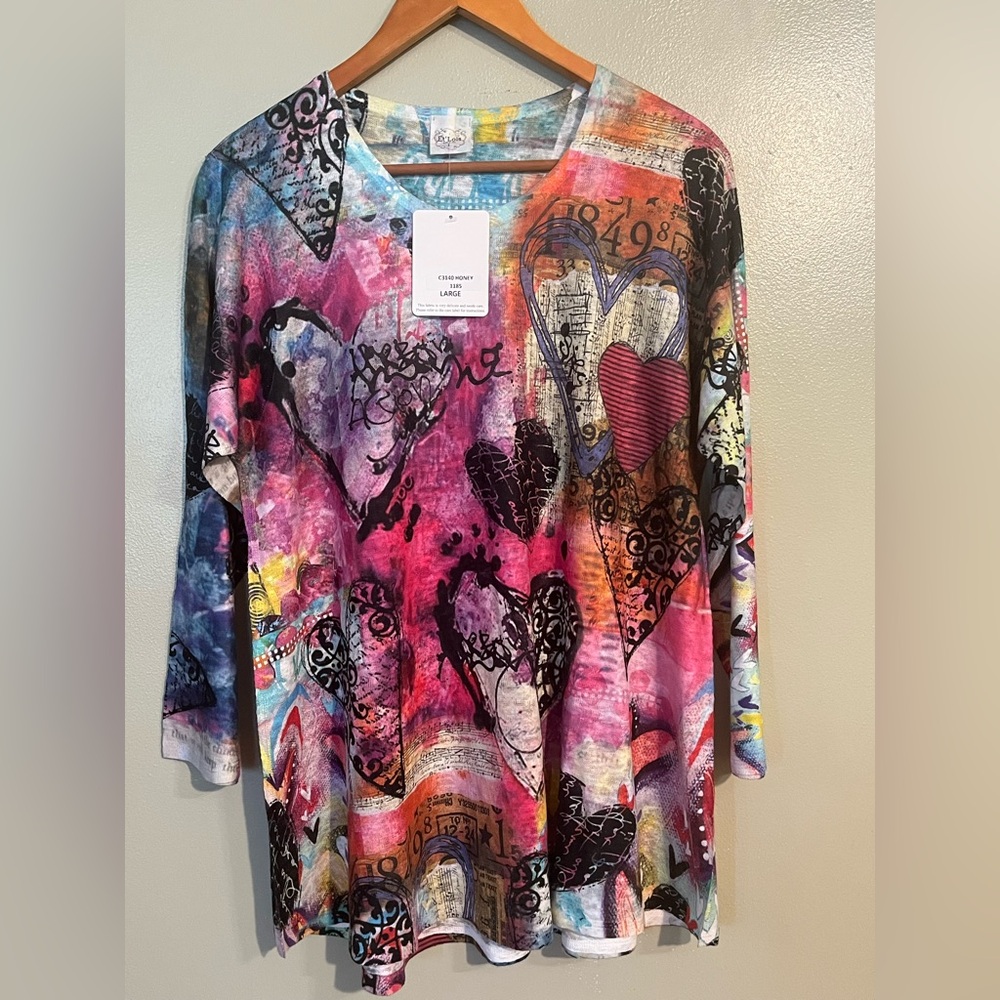 Et Lois Colorful Abstract Print Top V Neck Art To Wear L Tunic Top NWT